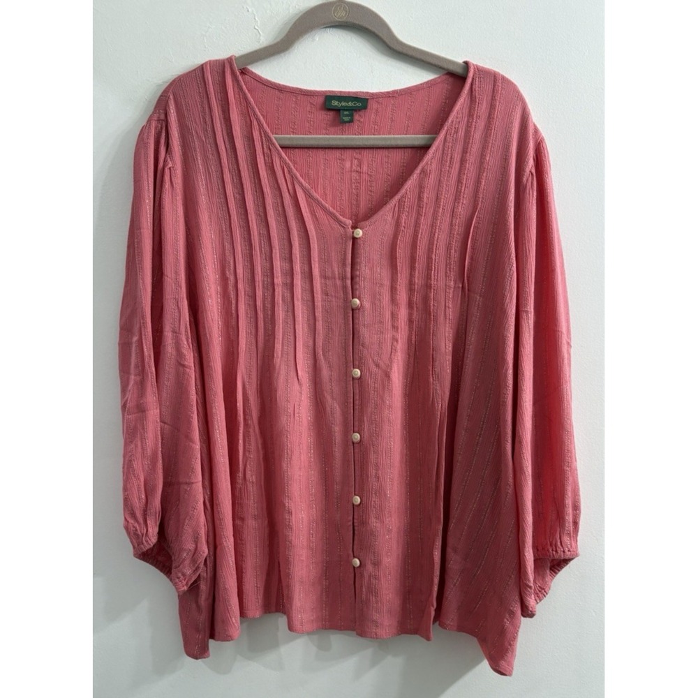 Style & Co Women Plus 2X Pink Peasant Top Metallic Pleated Button Lightweight